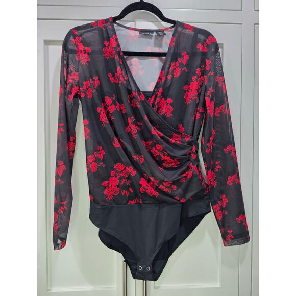 Tahari Floral Mesh Bodysuit With Built-In Tank Black/Red Size L - Picture 2 of 16
